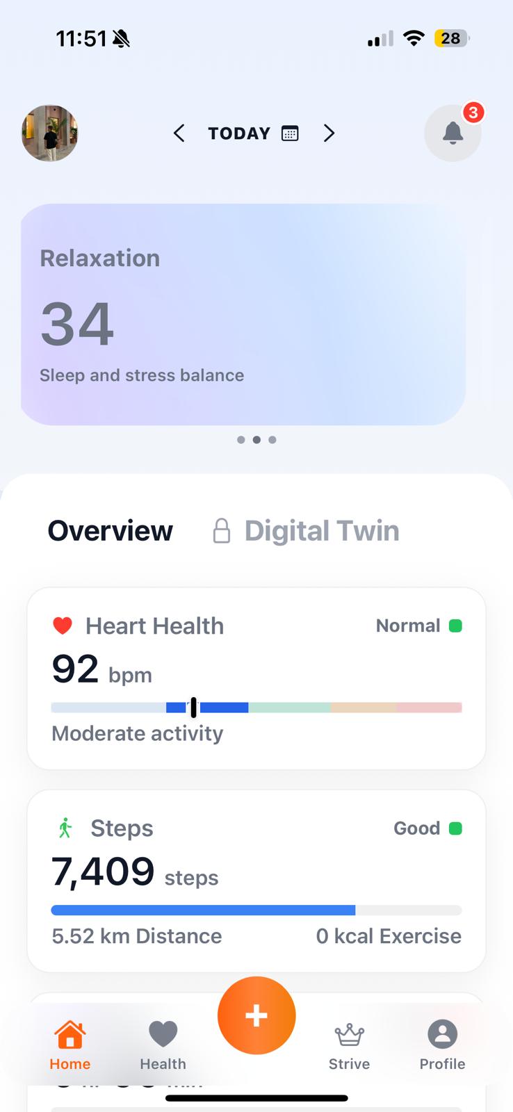 App home overview showing relaxation and steps
